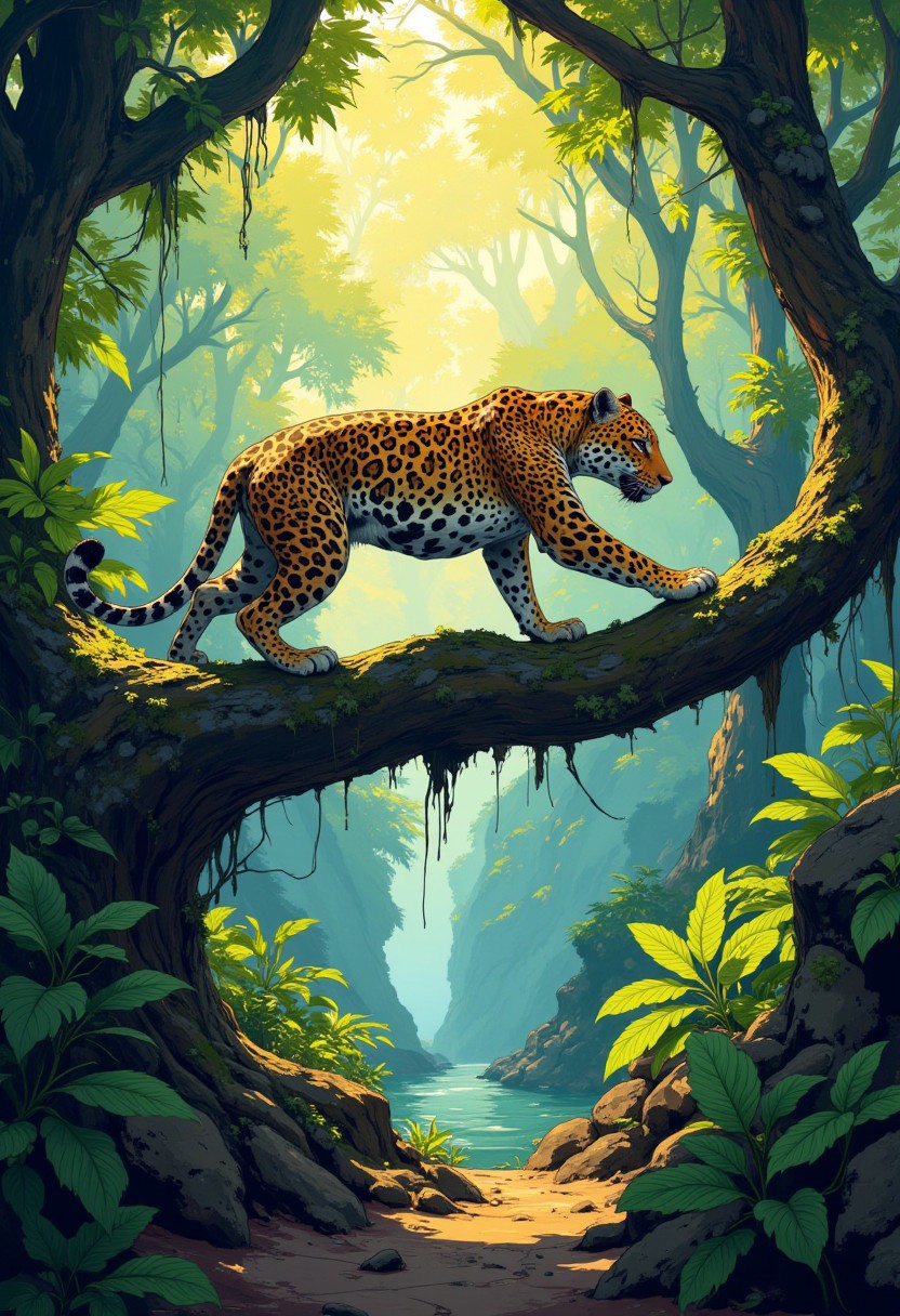 a vivid and dynamic scene of a jaguar stretching on a tree branch in a dense jungle. The jaguar's stretch is dramatic, with its body fully elongated, front legs reaching far forward, and its back slightly arched. The setting is lush with dense jungle vegetation, and sunlight streams through the canopy above, creating intricate dappled light patterns on the ground and on the jaguar's spotted coat. Ensure the atmosphere feels alive and vibrant, with a rich mix of greenery and warm golden sunlight breaking through the trees. Capture the elegance and power of the jaguar within this serene yet wild jungle environment. DB4RZ, DB4RZ style painting, in the style of cksc, anime, cyberpunk