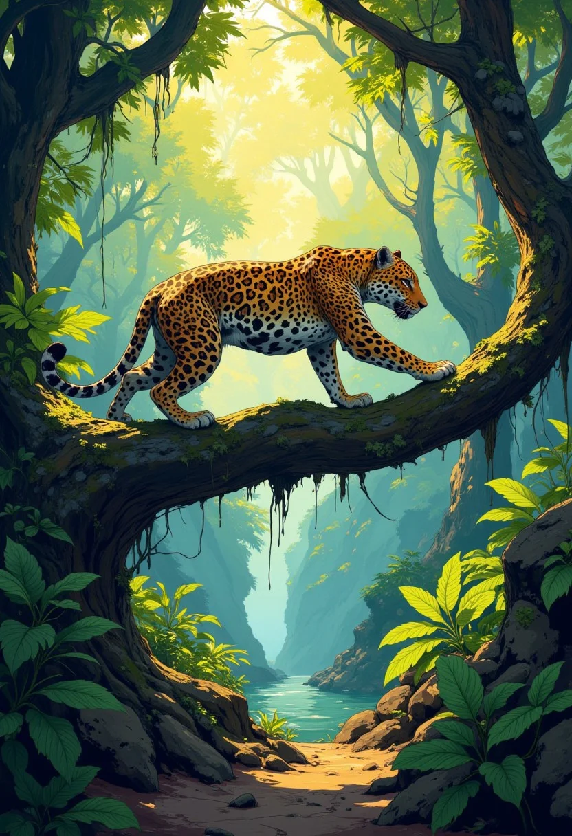 a vivid and dynamic scene of a jaguar stretching on a tree branch in a dense jungle. The jaguar's stretch is dramatic, with its body fully elongated, front legs reaching far forward, and its back slightly arched. The setting is lush with dense jungle vegetation, and sunlight streams through the canopy above, creating intricate dappled light patterns on the ground and on the jaguar's spotted coat. Ensure the atmosphere feels alive and vibrant, with a rich mix of greenery and warm golden sunlight breaking through the trees. Capture the elegance and power of the jaguar within this serene yet wild jungle environment. DB4RZ, DB4RZ style painting, in the style of cksc, anime, cyberpunk