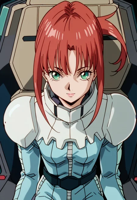 score_8, score_8_up, score_7_up, AWGXS, anime screenshot, retro artstyle,1990s (style), cel animation BREAK 1girl, female focus, solo, alma_CF, red hair, short hair with long locks, bangs, sidelocks, floating hair, ponytail, green eyes, small breasts, normal suit, pilot suit, utility belt, upper body, cockpit, straight-on, looking at viewer, sitting,