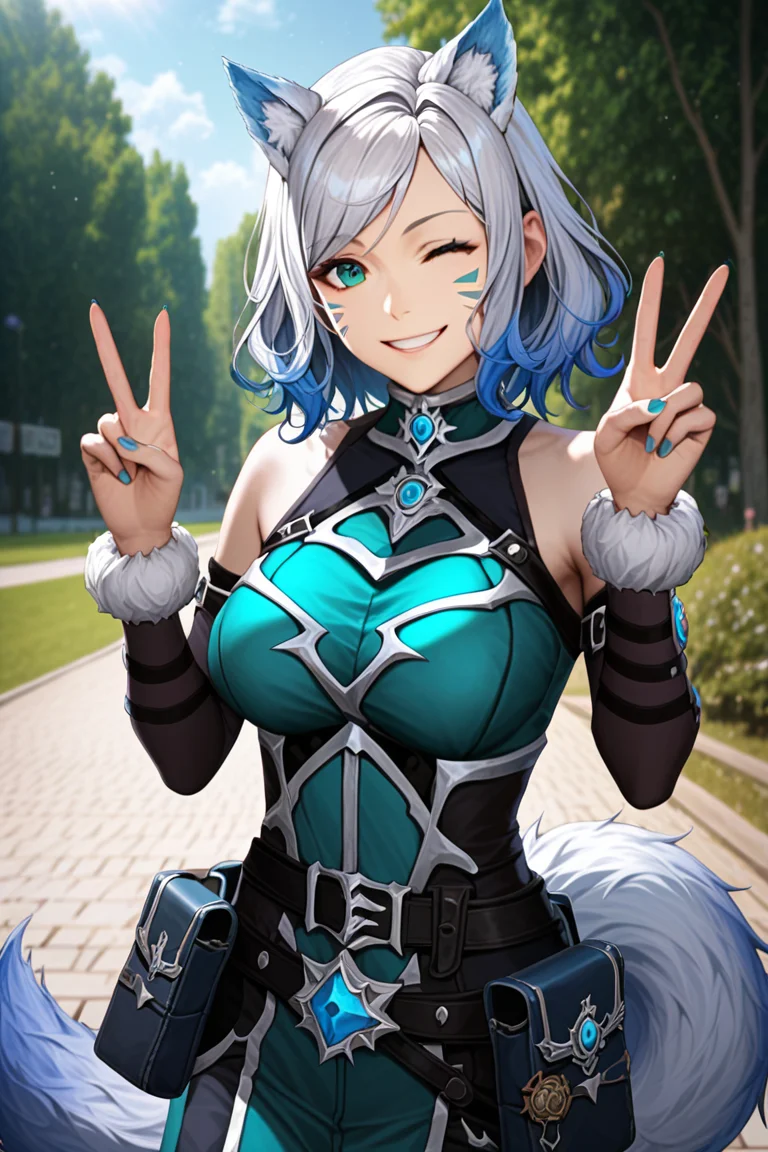 score_9,score_8_up,score_7_up,masterpiece, best quality, source_anime, 1girl, Sonya Lycanthrope, breasts, looking at viewer, smile, short hair, holding, animal ears, green eyes, standing, tail, white hair, multicolored hair, medium hair, fur trim, facial mark, v pose, park, upper body, wink, close mouth, head tilt, <lora:Sonya Lycanthrope:0.85> <lora:BelkoStyle:0.8>
