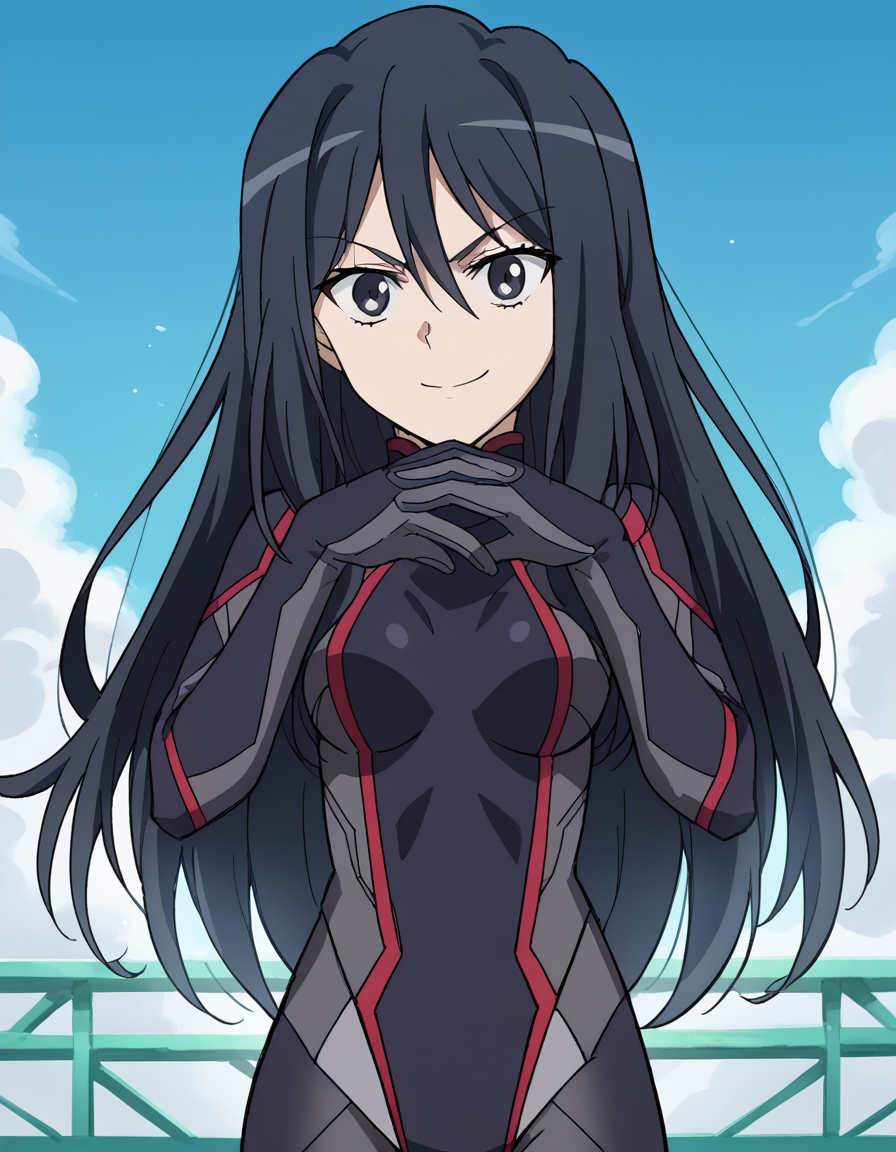 score_9, score_8_up, score_7_up, source_anime, <lora:shutaura-sequenzia-movie-ponyxl-lora-nochekaiser:1>, shutaura sequenzia, long hair, black hair, black eyes, hair between eyes, anime screencap,, bodysuit, black bodysuit, pilot suit, laundry day, clothesline, drying clothes, domestic life, fresh air, blue sky, smile, <lora:gendou-pose-ponyxl-lora-nochekaiser:1>, gendou pose, own hands clasped, own hands together, parody,, looking at viewer, solo,, dutch angle, cowboy shot