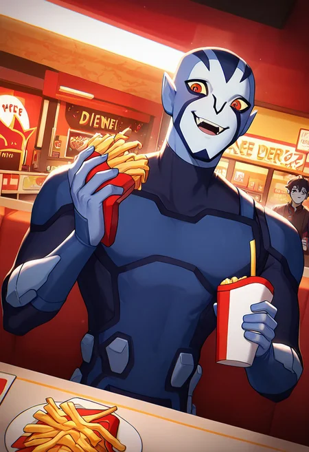 masterpiece, best quality, amazing quality, very aesthetic, absurdres, newest,
<lora:rook-10:1> rook, male focus, colored skin, alien, 1boy, yellow sclera, blue skin, white face, , red eyes, pointy ears, 
 blue bodysuit, armor, 
smile, fangs, open mouth, holding french fries, at restaurant, fast food chain, inside diner, holding fries, ketchup