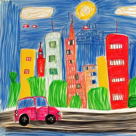 <lyco:Sketchnote:1.0> child's drawing, city with car