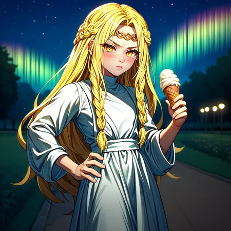 score_9,score_8_up,score_7_up,perfect anatomy,source_anime,zPDXL2,<lora:miqeulla:1>,miquella,1boy,solo focus,solo,blonde hair,crown braid,multiple braids,yellow eyes,white robe,hair flowing over,gold armlet,circlet,long blonde eyelashes, depth of field,
looking at viewer,blush,closed mouth,pout,pouty lips,crying,standing,hand on own hip,
standing,park, ice cream truck,night,night sky,star \(sky\),aurora,