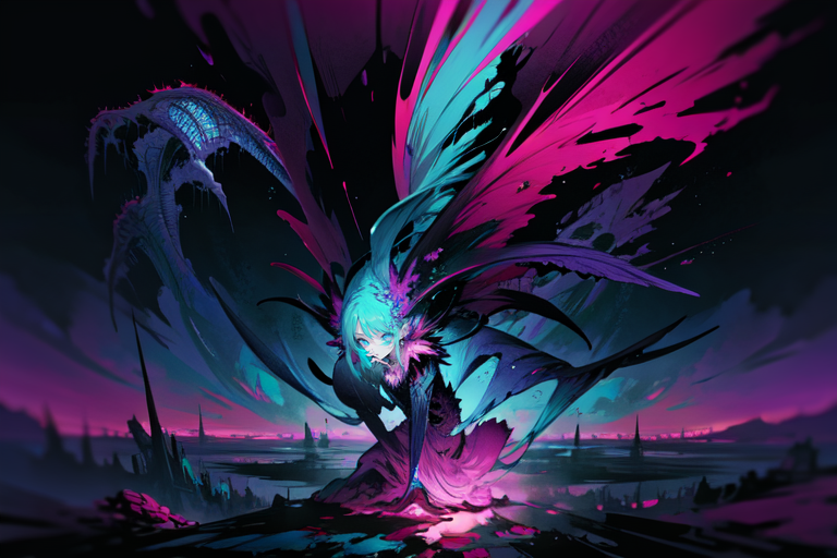 highly insanely detailed, masterpiece, top quality, best quality, highres, 4k, 8k, RAW photo, (very aesthetic, beautiful and aesthetic),  
(beksinski style,zdzislaw beksinski),floating,glowing,broken wings, 
(1girl:1.3), 1other, 
pure purple background,pure cyan background,pure magenta background,(abstract colored fractal background,solid color background),âââ