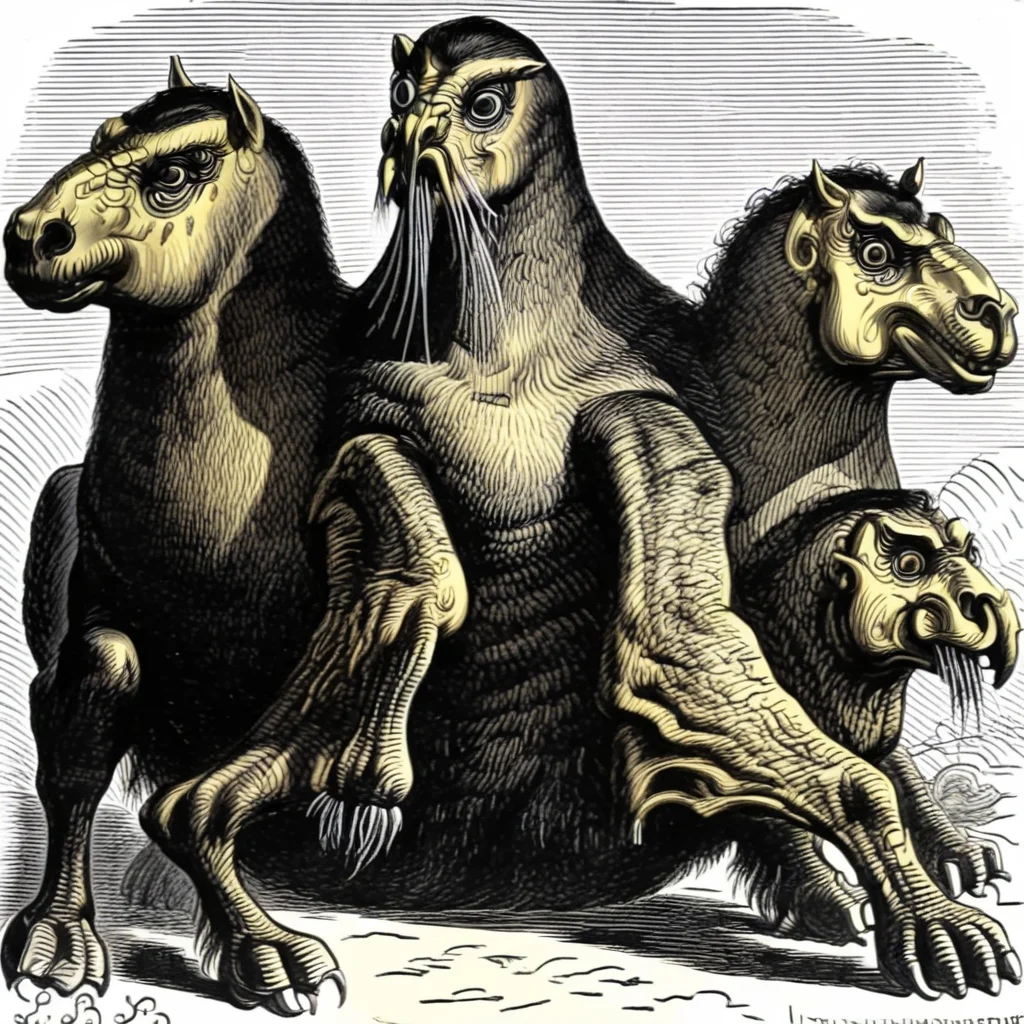 a three headed demon beast with the body of a horse and the head of a walrus and the head of a man and the head of a eagle,solo,3 heads,eldritch abomination,4 arms,art by llbreton, <lora:LLbreton_V3:1>
