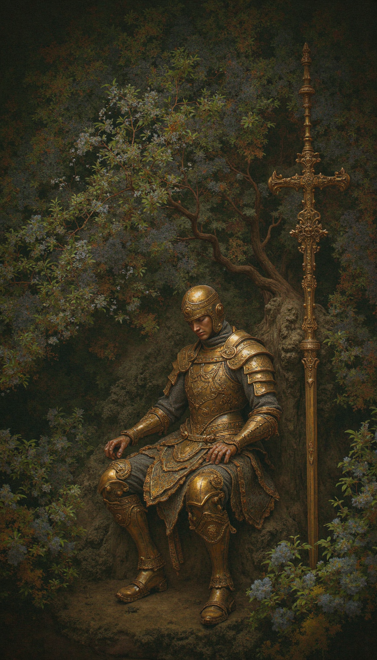 GLOW,intricate tetradic colors in every details,FLUORESCENT,open_Impressionism, A lone knight, adorned in ornate, aurum-hued armor, sits despondently at the base of an ancient, gnarled tree. His posture slouched, gaze downcast upon the meticulously crafted blade resting between his gauntleted hands. Sunlight, filtering through the verdant canopy, bathes the scene in an ethereal, chiaroscuro glow, highlighting the intricate details of the knight's armament and the subtle sorrow etched upon his visage. Lush vegetation, speckled with delicate white blossoms, carpets the forest floor, framing the knight in a melancholic tableau. Capture the scene in a medium shot, utilizing a slightly low angle to emphasize the knight's isolation and introspection.  The background should dissolve into an impressionistic blur, hinting at the vastness and mystery of the ancient woodland.