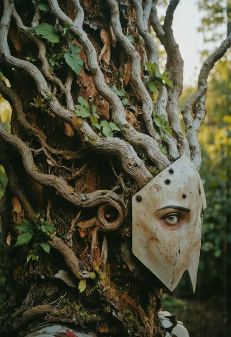 rootform, extreme head Closeup, a pristine white birch tree knightess with billowing Hair Made of branches with Green leafs and an lower Body Made of roots coming from the ground, Mossy birch Forest, intricate black and White birch bark, atmospheric backlight, Piercing Look at viewer