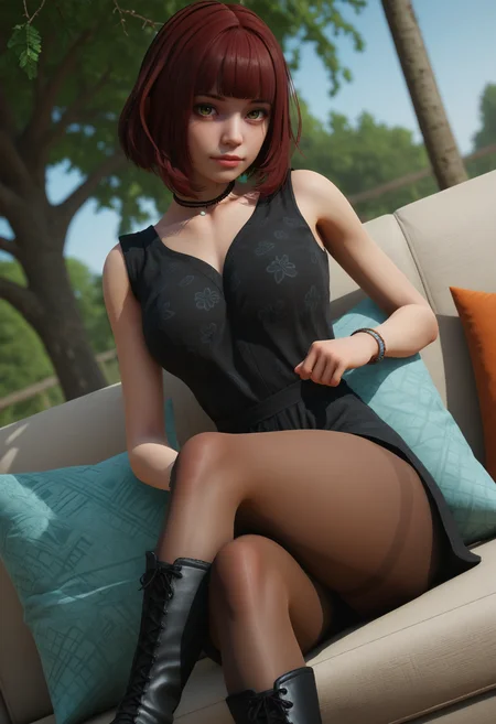 score_9, score_8_up, score_7_up,
1girl, solo, string choker, black romper:patterned clothing, bracelet, brown pantyhose, boots. short hair:blunt bangs.
outdoors, tree, couch, pillow, sitting, crossed legs, looking at viewer, wide shot, dutch angle, depth of field,
 <lora:Dark_Nancy_Pony_v1.0:0.75> d4rkn4ncy,