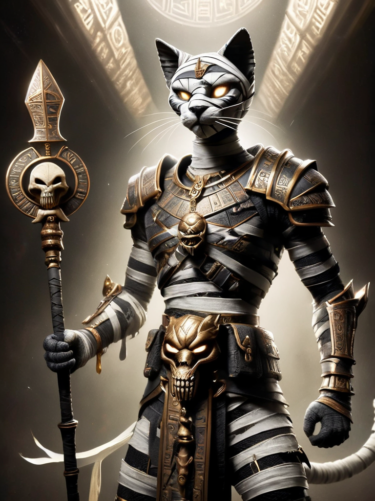 bastet, cat, a male warrior bastet, heavy black and bronze armor, armor plates, shoulder plates, skull belt, holding weapon in his right hand, glowing white eyes <lora:bastet-sdxl:1>