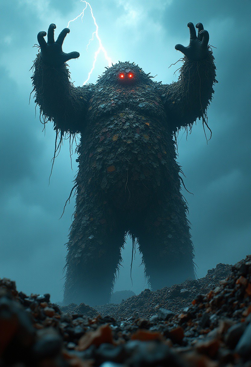 UHD 32k dark fantasy horror movie still, photograph, humungous gigantic 100 foot tall trash golem made entirely of multi-colored rotted trash and junk emerging from landfill reaching arms up, glowing eyes, thunderstorm and lightning, closeup, epic Fantasy, epic scale, landfill background, trending on artstation, sharp focus, studio photo, intricate details, highly detailed, cinematic realism, high action pose, correct digits, intricately detailed filthy place, film grain, HD, 8k, volumetric lighting, clear -dark, smoky, dimly lit, volumetric lighting