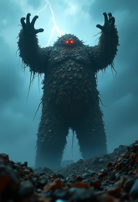 UHD 32k dark fantasy horror movie still, photograph, humungous gigantic 100 foot tall trash golem made entirely of multi-colored rotted trash and junk emerging from landfill reaching arms up, glowing eyes, thunderstorm and lightning, closeup, epic Fantasy, epic scale, landfill background, trending on artstation, sharp focus, studio photo, intricate details, highly detailed, cinematic realism, high action pose, correct digits, intricately detailed filthy place, film grain, HD, 8k, volumetric lighting, clear -dark, smoky, dimly lit, volumetric lighting