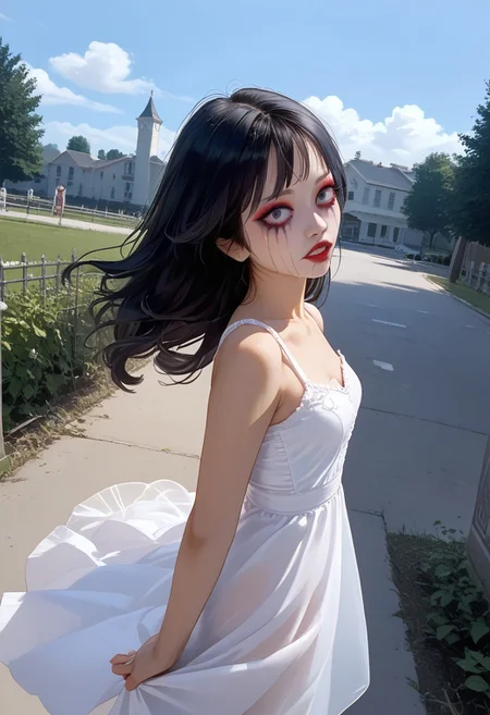 score_9, score_8_up, score_7_up,amateur, reddit, polaroid photography, 1girl,(((harlequin makeup))), straight black hair,hetero, solo focus, wearing a see through diaphanous white dress, floating through a graveyard 
BREAK 
dramatic angle, unique perspective, unique angle, bright light, over exposed style, flash photography style,