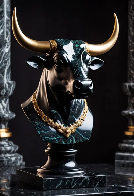 Fujifilm XT3, Sony A7 IV, (award winning photography) a (black: 0.79) marble simple (anthropomorphic bull) bust statue made of opal (Kintsugi: 0.89) set on a pedestal in temple, glistening. in the background beautiful pillars, divine (iridescent: 0.79), opalescent textures, volumetric light, ethereal, sparkling, studio photo, highly detailed, sharp focus (highest quality: 1.39) (highest coherency: 1.39) (award winning photography), highly detailed photography, (muted colors, cinematic, dim colors, soothing tones:1.2), vibrant, insanely detailed, hyperdetailed, (dark shot:1.2), (vsco:0.3), (intricate details:0.9), (hdr, hyperdetailed:1.2) (vignette), sss, raw photo, fijifilm, kodak, cinematic film grain, mesopotamian, babylonian