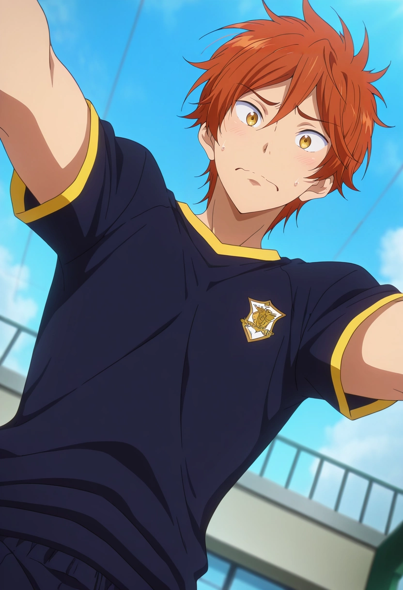 masterpiece, best quality, , anime screencap, , , , 1boy, solo, male focus, <lora:momotarou_mikoshiba_ilxl:0.96>, momotarou_mikoshiba, orange hair, yellow eyes, from below, gym, day, outstretched arms, nervous,