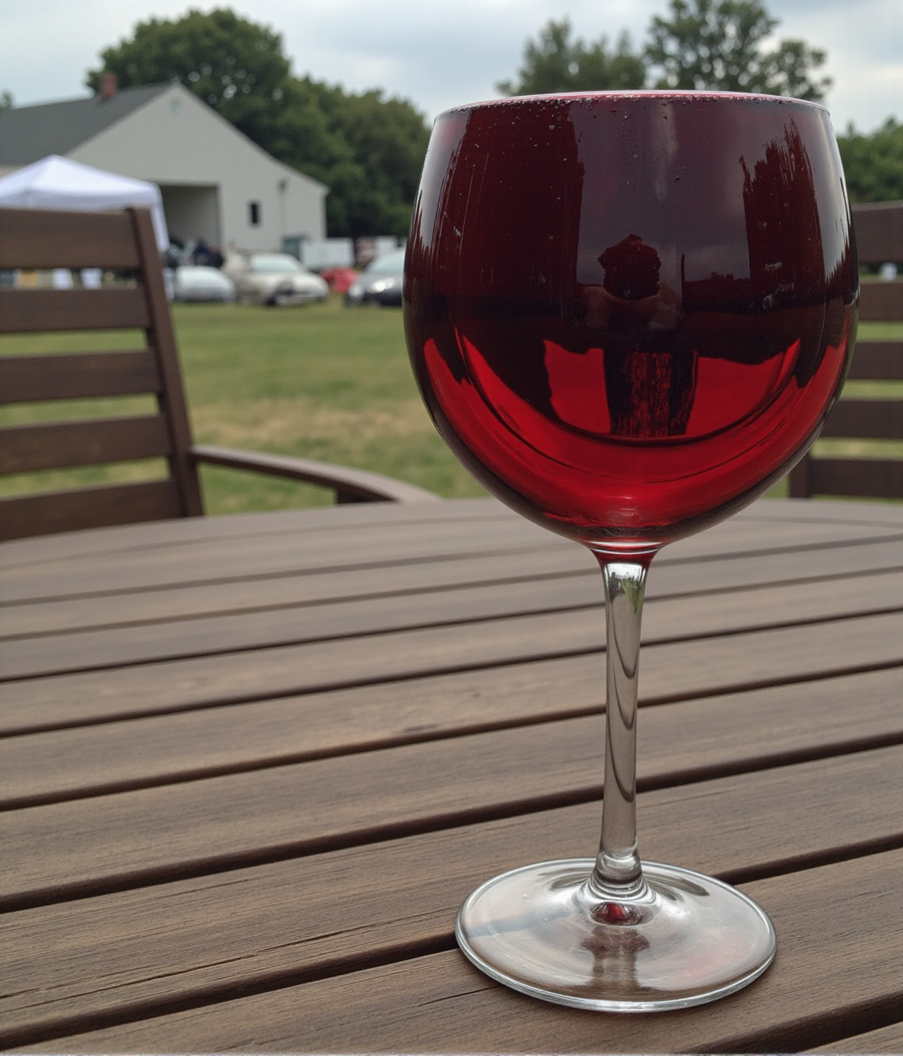 Full to the brim. The image is a photograph of a red wine glass on a wooden table, taken outdoors.