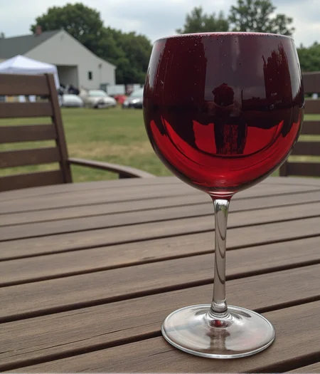 Full to the brim. The image is a photograph of a red wine glass on a wooden table, taken outdoors.