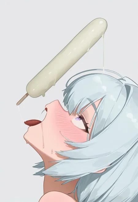 FlassoStyle,(looking up:1.2),big eyes,simple background,sweat,blush, high sexual desire, large popsicle, sexually suggestive, sucking on popsicle, tongue out, tongue, saliva, saliva on tongue, saliva droll, :o, side view, ice cream over the mouth,