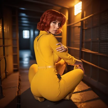 cinematic photo a realistic woman in yellow jumpsuit in the sewers<lora:April1024:0.8> . 35mm photograph, film, bokeh, professional, 4k, highly detailed