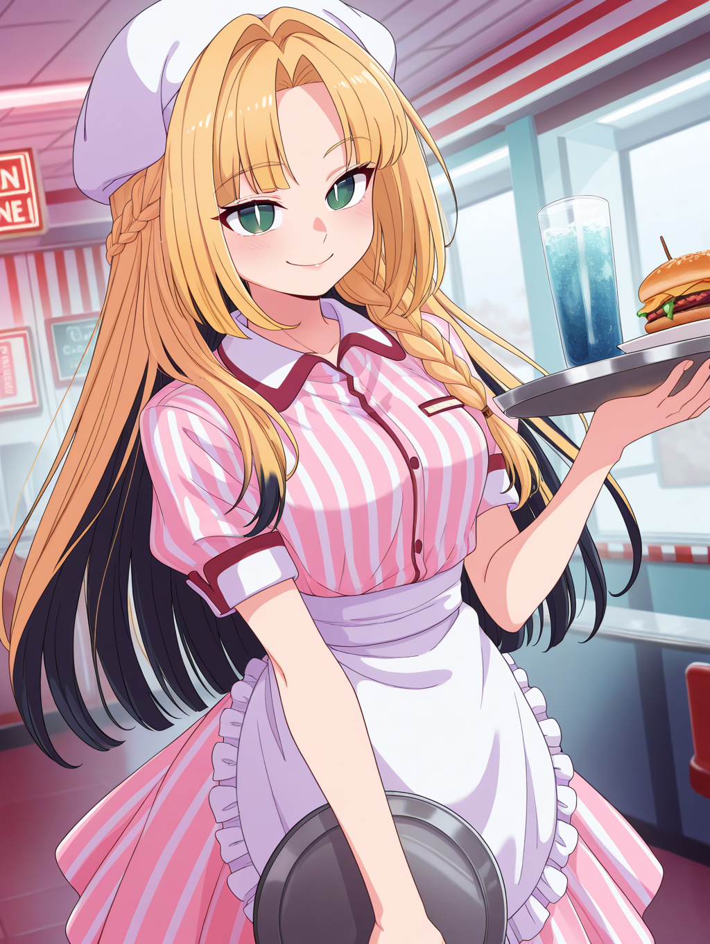 <lora:UScartoon:0.9>,1girl,solo,Koganei Niko,green eyes,slit pupils,multicolored hair,blonde hair,black hair,long hair,side braid,parted bangs,white headwear,waitress,collared dress,pink dress,striped dress,frills,waist apron,white apron,short sleeves,holding tray,indoors,diner,smile,mikayori,, masterpiece,best quality,amazing quality,