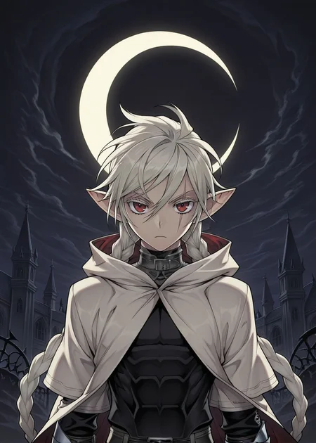 masterpiece, best quality, arms at sides, male focus, 1boy, male, looking at viewer, upper body, crescent moon, night, gothic background,
<lora:Koinzell:0.8>, Koinz0l, red eyes, platinum blonde hair, scar across eye, pointy ears, twin braid, platinum blonde eyelashes, cape, hooded cloak,