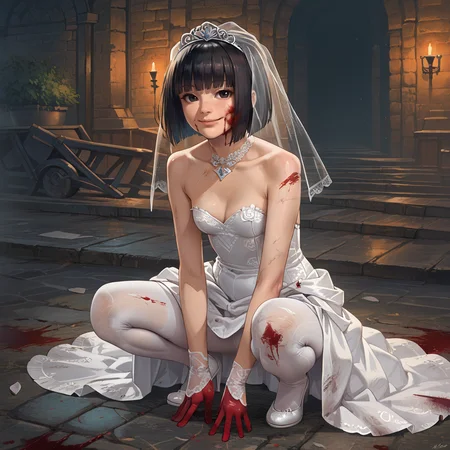 score_9, score_8_up, score_7_up, score_6_up, score_5_up, score_4_up, source_anime, BREAK, 1girl, solo, <lora:FengMin_DBD_VER_0.8:0.8>, fengmin, realistic, short hair, black hair, black eyes, bob cut, bangs, blunt bangs, , squatting, slav squatting, petite, small breasts, wedding dress, bridal veil, weding, smile, blood, blood on face, blood on clothes, looking at viewer, white pantyhose,