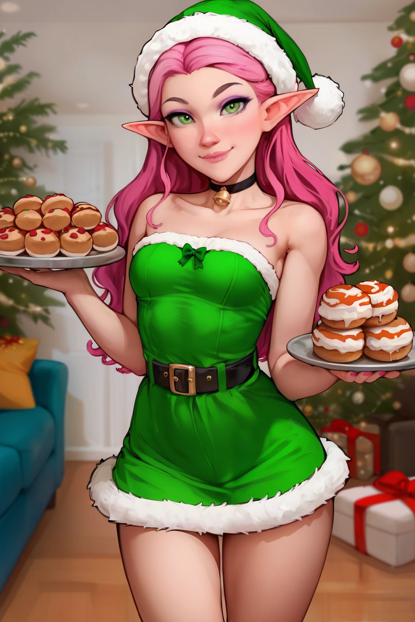 safe_pos, score_9, score_8_up, score_8, 1girl, solo, kawaii elf woman, perfect face, thick eyeliner, small breasts, long pink hair, green eyes, perfect detailed face, cute christmas dress, santa hat, choker with bell, holding a tray of cookies, indoors, cozy living room, christmas decor, smile, looking at viewer, sfw, closed mouth