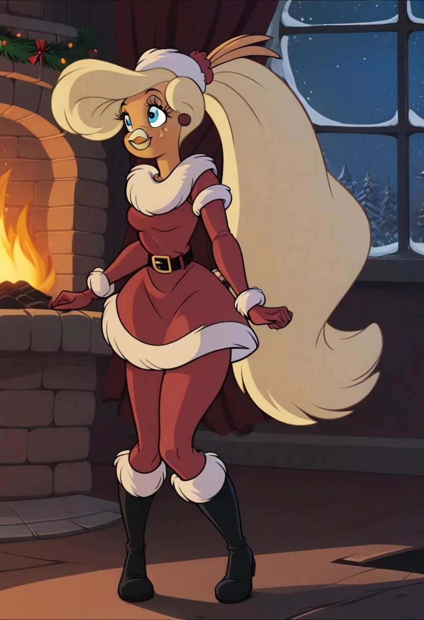 Goldie, big hair, beak, bird girl, solo, blonde hair,bird  girl, long hair,1girl, red dress, furry female, dress, smile, furry, solo, christmas,blue eyes, fur, night, fur trim, fire, fur-trimmed dress, long sleeves, window, breasts, boots, santa costume, standing, black footwear, fireplace, gloves, fur-trimmed sleeves,blonde hair, sky, star \(sky\), bag, alternate costume, looking to the side, closed mouth, night sky, belt, happy, santa dress, small breasts, indoors, medium breasts
score_9, score_8_up, score_7_up, score_6_up <lora:GoldieRockaPony1.0:0.8>