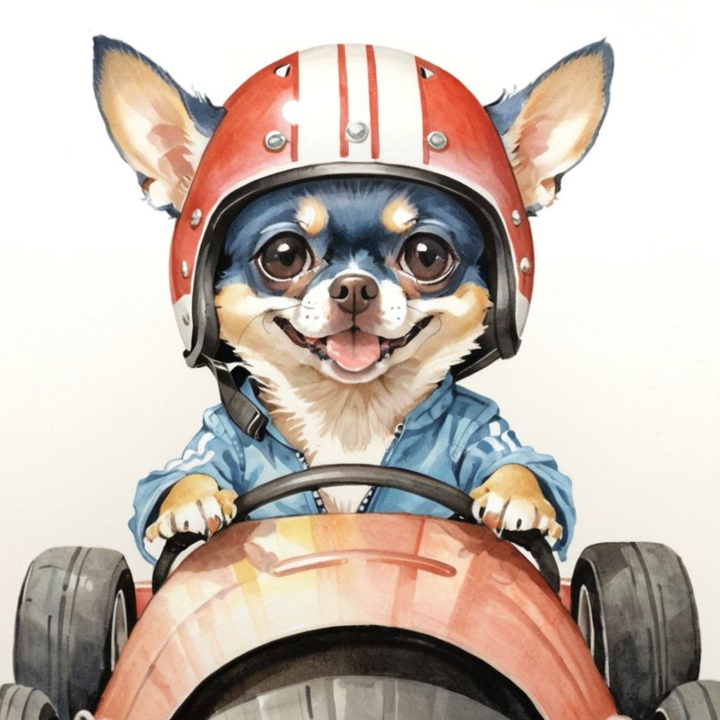 cute chihuahua in go-kart, helmet,  abstract watercolor, csw, black eyes <lora:CSW-Style-2-000017:0.8>