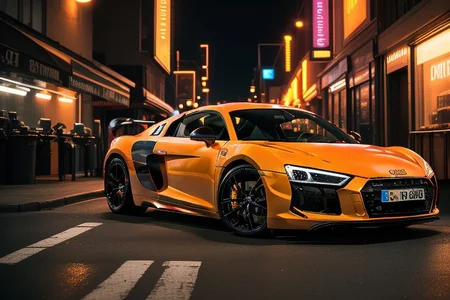 cars fantastic orange, [Audi R8], speed, intricate detail ,neon city background, city background, night, HD. Photograph , in table((realism)), extremely high quality RAW photograph, ultra detailed photograph, sharp focus, high resolution, (detailed skin:1,3),high quality, film grain, Fujifilm XT3,Highly Detailed, movie, (Cinematic Photo:1.3) of (Realistic:1.3)