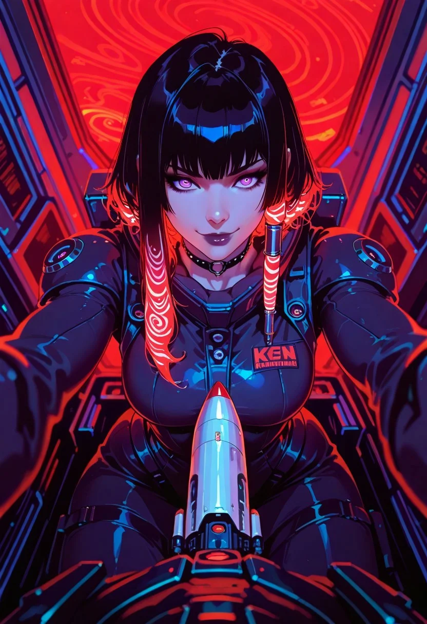 goth masterpiece, best quality, good quality, very aesthetic, absurdres, newest, 8K, depth of field, focused subject, 1girl, science-fiction, pov, light, from front, from above, 1girl, sci-fi, sitting atop space rocket, white space rocket, smile, (sexy) space suit, swirl, neon hair, short goth hair, mecha choker, tubes into parts, dynamic angle, in the style of cknc and pun 43, red filter /neon
(cutesexyrobutts:0.35)