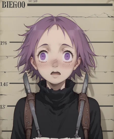 (score_9, score_8_up), score_7_up, score_6_up, best quality, standing, portrait, close up,
<lora:ebisu:1>, solo, 1girl,
3bisu, purple hair, short hair, purple eyes, ringed eyes, sweater, turtleneck, backpack,
slim:1.2, slender, petite:1.3, embarrassed, blush, nose blush,
short, skinny, androgynous,
droll,
MarcilleWalleyed,Derpface,open mouth, Wall eyed,
<lora:MarcilleWalleyed:0.5>
<lora:mugshot_pony:0.5>,
mugshot, mugshot wall,