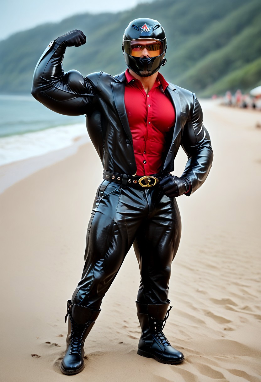 score_9, score_8_up, score_7_up, photo, photorealistic, rating_explicit, (solo:1.1), 1boy, black helmet with tinted visor, muscular male, masculine male, red glossy low collar shirt, black glossy leather blazer suit, glossy pants, belt, skintight, black rubber gloves, black rubber boots, abs, nipples, pecs, flexing, proud, sweaty, outdoors beach, five digits