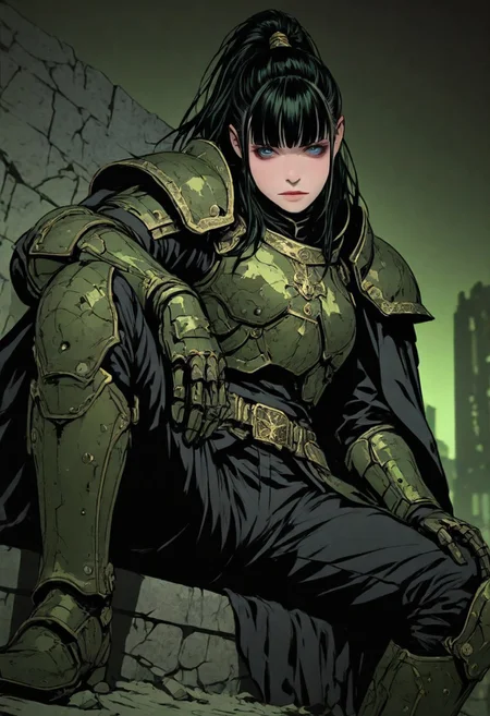 m4gicall1nes, hassaku_illu,sinozick_illu,in the style of cksc,, masterpiece,  depth of field, best quality, amazing quality, very aesthetic,very awa,
1girl, solo, sexy, cute, nordic facial features, 20 years old, 
heavy armor, metal armor, engraved armor, black hair, long hair, high ponytail, wind effect in hair, dark green armor, pale green armor, futuristic armor design, massive armor, look at viewer, bright blue eyes, glowign eyes, athletic, thicc,
black uniform over shoulders, military coat design, strict coat,
sits on the broken fundament,leans back against brick wall, spread legs, manly pose, leans on knees, broken sword in the ground, 
hi-tech with fantasy, futurism in magic world, cyberpunk style with warhammer influence, 
dutch angle, epic angle shot, wallpaper, from below, from side,
simple background, dark background, ruined cityscape, fantasy background,
(detailed outfit:1.4), (seamless:1.3), 
dark fantasy, dark dramatic palette, dim lit, contrast lit, shade, dappled moonlight, 
<lora:ck-shadow-circuit-IL:0.6> <lora:illustriousXLv01_stabilizer_v1.121:0.3> <lora:iLLMythM4gicalL1nes:0.35> <lora:HassaKu_style:0.4> <lora:Sinozick_style:0.15>