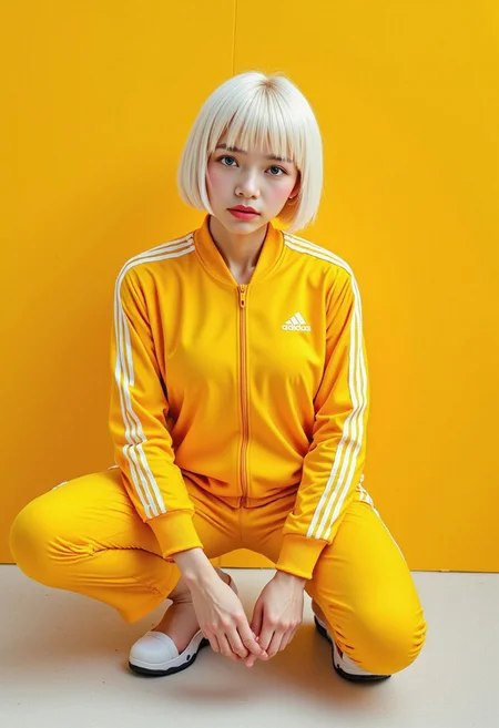 A photo in aestheticphotographyjp style,photorealistic, captured with a Fujifilm X100VI (f/2.8, 120mm),highly detailed,white hair,short hair, sharp bob haircut and delicate fringe elegant sophistry, digital illustration in a realistic fantasy style,  Every note she sang was a thread, weaving a tapestry of forgotten futures, Adidas, wearing a full tracksuit in  [yellow]. The tracksuit features a zip-up jacket with a high collar and matching pants. Adidas Logo Both pieces have three white stripes running down the sleeves and along the sides of the pants, a signature design element. The Adidas logo appears on the left side of the jacket, represented in white.,squatting