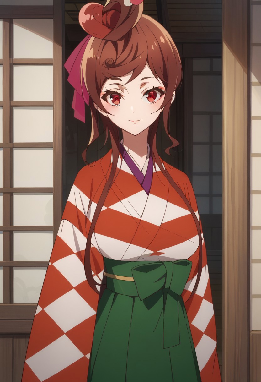 score_9, score_8_up, score_7_up, source_anime, highly detailed, 
yugiri, 1girl, japanese clothes, solo, brown hair, kimono, red eyes, hair ornament, skirt, green skirt, food-themed hair ornament, wide sleeves, 
standing, looking at viewer, long hair, hair ribbon, upper body, smile
outdoor,