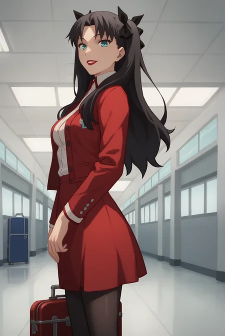 score_9, score_8_up, score_7_up, score_6_up, score_5_up, score_4_up, BREAK 1girl,
<lora:TohsakaRinXL-v1-04:0.7>, ChopioTohsakaRin, black hair, long hair, parted bangs, two side up, hair ribbon, aqua eyes, looking at viewer,
(thick thighs:0.7), medium breasts,
airport, holding suitcase, shiny marble floor, flight attendant, black pantyhose, red skirt, red jacket, white collar, red hat, tight clothes, seductive smile, red lipstick, standing, buttoned jacket,