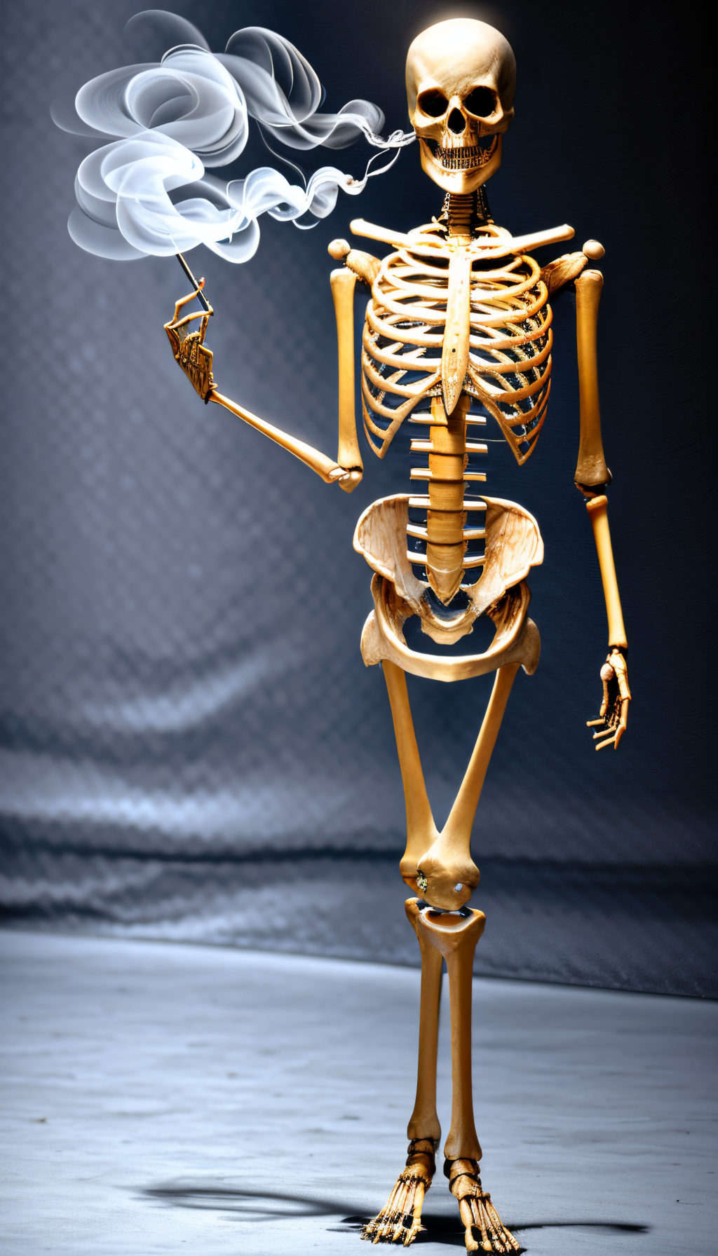 in the bedrrom (Realistic:1.5) woman skeleton standing, smoking a cigarette  <lora:EdobSkeletonFemale_v1.0:1>