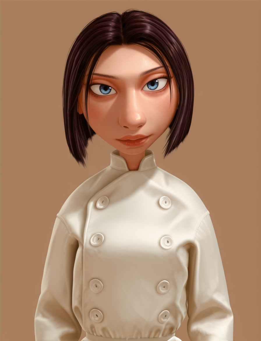 <lora:ColetteIllustrious1.0JLFO:1> colette, 1girl, 3d, short hair, black hair, chef,blue eyes,  solo,lips, bob cut,  looking at viewer,upper body, looking at viewer,simple background,