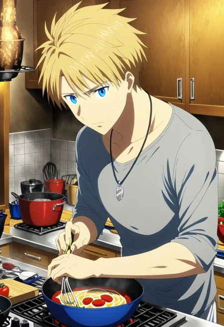 high resolution, solo, best quality, 1Boy, Yamato Ishida, Blond Hair, Blue Eyes, Necklace, cooking, kitchen, OverallDetail