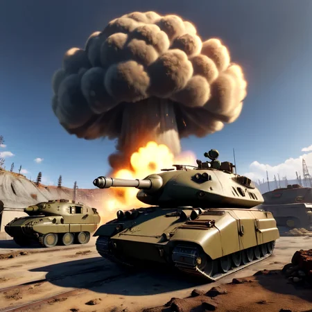 masterpiece,absurd resolution,8k,
fallout,nuke backround,explosion,mushroom cloud in the backround,military,no humans,shadow,ground vehicle,motor vehicle,realistic,military vehicle,tank,vehicle focus,caterpillar tracks
,  <lora:fallout_xl:1>