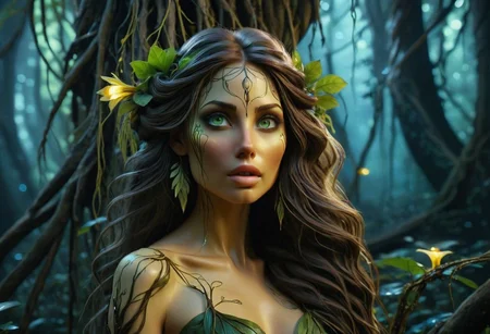 A picture of a beautiful Forest Nymph, her hair made of tree branches, long and hang down like the Weeping Willow, her skin resembles the texture of tree bark, she has Ivy vines to cover her Un-mentions, beautiful facial features, bright green almond shaped eyes, she is leaning her head  agents a dyeing tree, she is hugging the tree, starring at the camera, the Butter Tree yellow butter is dripping on the ground, peaking out of the forest is a Grim Reaper in the background, in the mid-ground is a dark bio-luminescent fairy forest with glowing mushrooms, Background concept for the movie “Avatar”, bioluminescent forest, alien planet, beautiful landscape, alien plants, Focused lights, whimsical fairytale, psychedelic trip, sharp focus on subject, 3D effect in the background, realizume,