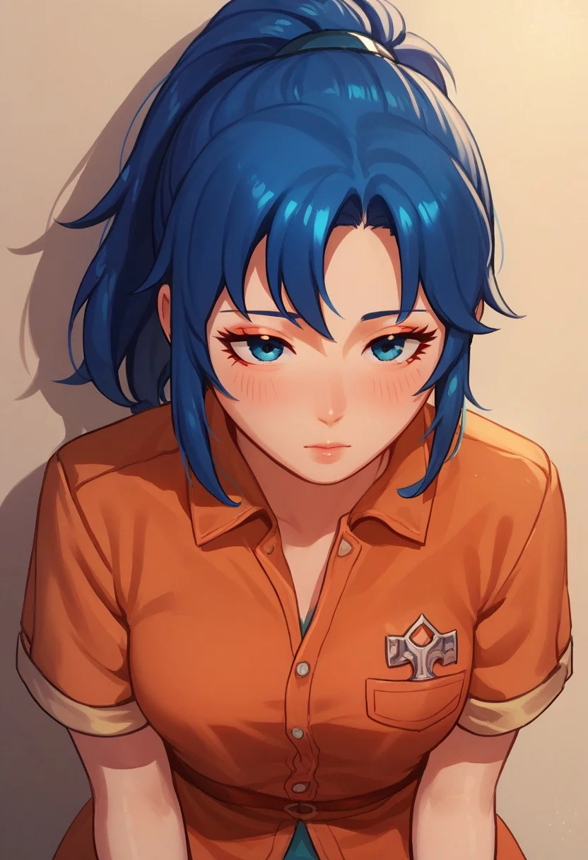 Score_9_up, score_8_up, score_7_up,score_6_up,1girl, (fekris, blue hair, ponytail, blue eyes), orange tunic, open shirt,