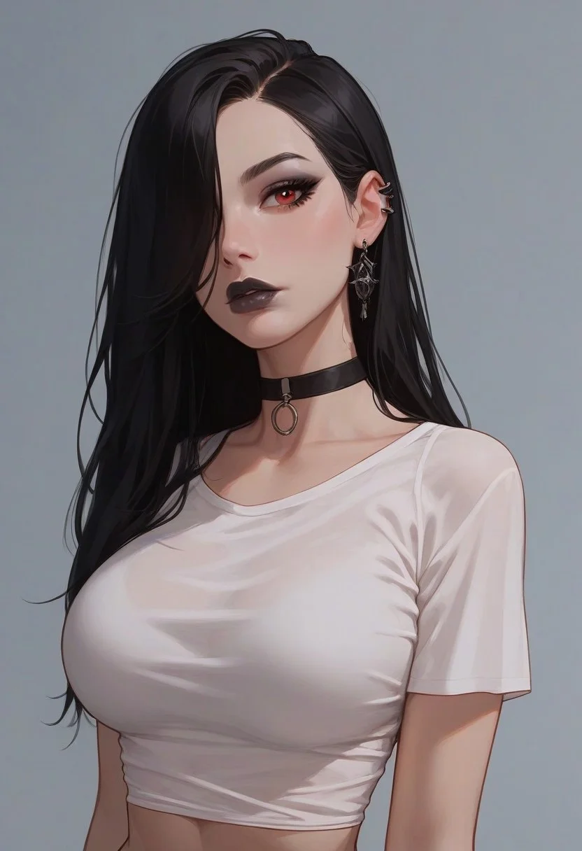masterpiece, best quality, highly detailed, score_9, score_8_up, score_7_up, score_6_up, score_5_up, score_4_up, Expressiveh, upper body view, 1girl, 18 year old girl, cute innocent girl, Goth girl, looking at viewer, perfect red eyes, long messy black hair, hair over one eye, skinny, narrow waist, big tight ass, large firm round breasts:1.3, choker, black strings, big t-shirt, makeup eyes, long eyelashes, lusty, sexy, submissive, thick pouty lips, black lipstick, closed mouth, standing, legs cropped out
