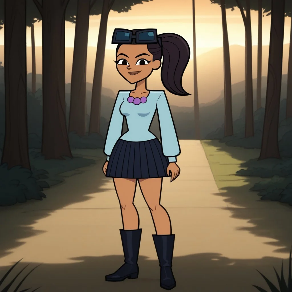 score_9, score_8, BREAK, solo, cyan long sleeves, 1girl, skirt, boots, dark brown hair, ponytail, eyewear on head, purple necklace, dark skin, black eyes, lips, breasts, total drama, Jen_(Total_Drama), tdtrr, sexy pose, smile, outdoors, sunlight, shadows, evening lighting, natural lighting, forest, trees, grass, orange sky, sunset