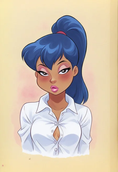 lolilola, blue hair, small breasts, pink lips, makeup. upper body, thick lips, half-closed eyes, white shirt, button-up shirt, ponytail, thick lips