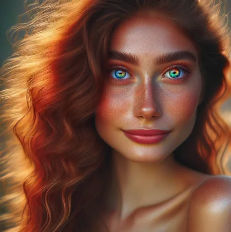 raibow eyes, beautiful lady, (freckles), big smile, ruby eyes, long curly hair, dark makeup, hyperdetailed photography, soft light, head and shoulders portrait, cover,8k,  masterpiece <lora:rainbow_iris_v2:1>