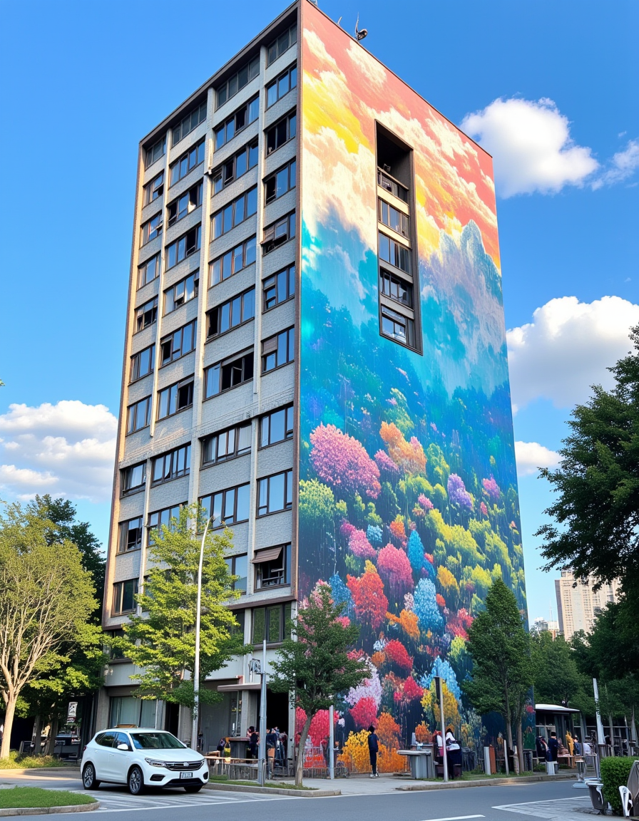 <lora:CWWalls1fluxb:1> wabkg, realistic world, photo. On the surface of a modern building there is a colorful painting of a beautiful japanese animation landscape. No paint on windows. Windows cutout. Vegetation. Blue sky with white clouds. People. Car.