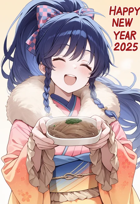 1girl, upper body, incoming food, soba, happy new year, 2025, ^ ^, :d, <lora:TanaFE-illu:1> nyTana, blue hair, long hair, high ponytail, hair bow, checkered bow, twin braids, pink kimono, fur-trimmed kimono, long sleeves, wide sleeves, frilled sleeves, gradient kimono, floral print, obi, masterpiece, best quality, good quality, newest, simple background, steam