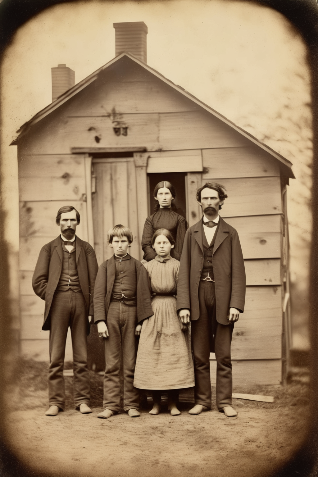 <lora:Albumen Print:1>Albumen Print - photography from 1860 showing a family outside their house. faces